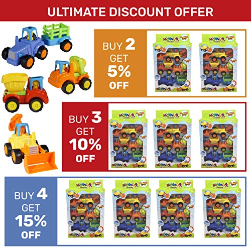 Friction Powered Cars Push and Go (4 Pack), Construction Vehicles Toys for Toddlers Including Tractor, Bulldozer, Cement Mixer, Dump Truck, Car Truck Toys Play Set for 2 3 4 Years Old Boys Gift