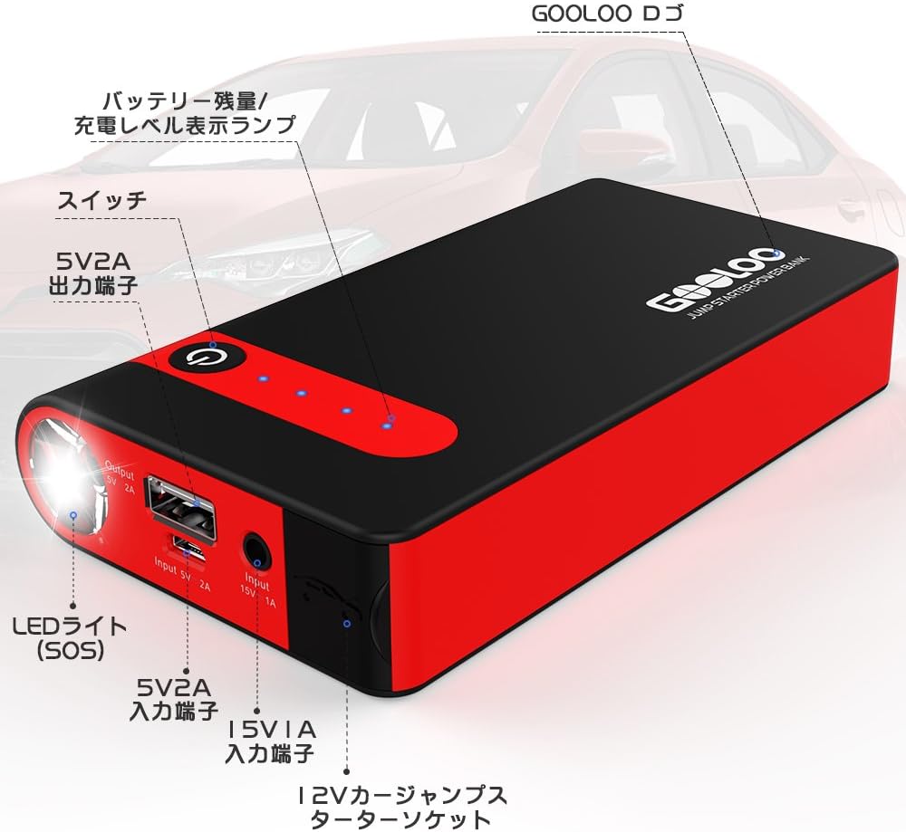 Amazon Gooloo ジャンプスターター 12v車用エンジンスターター mah ガソリン車 ディーゼル車 多車種対応 モバイル バッテリー Led緊急ライト搭載 持ち運びに便利 12ヶ月保証付 日本語取扱説明書付き ジャンプスターター 車 バイク