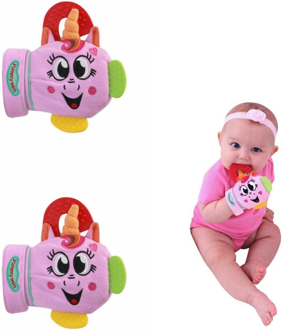 Yummy Mitt Teething Mitten-Self-Soothing Entertainment and Gives Pain Relief from Teething Plus It's an Ideal Baby Shower Gift -Set of Two (2 Pink Unicorn Mitts)