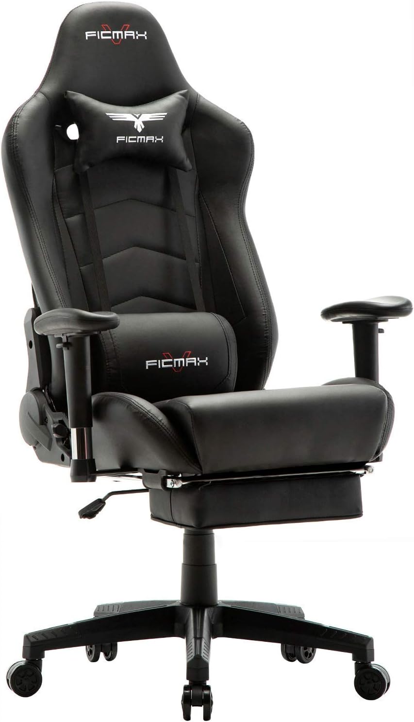 Ficmax Gaming Chair for Computer with Massage Lumbar Support and Footrest, PU Leather Office Recliner for Gamer E-Sports Racing Style Armchair PC Chair for Gaming with Retractable Headrest