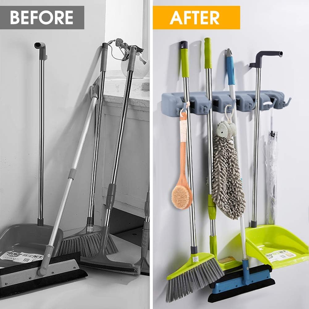Mop Broom Holder Wall Mounted Kitchen Hanging Garage Utility Tool Organizers and Storage Rack For Commercial Bathroom Laundry Room Closet Gardening (Grey): Home Improvement
