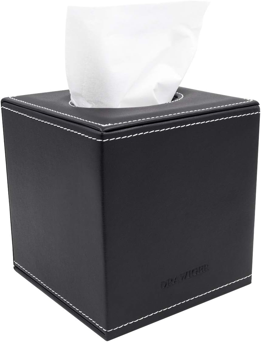 Tissue Box Cover Square, Black Facial Tissue Box Holder for Bathroom Car Bedroom PU Leather Magnetic Closure