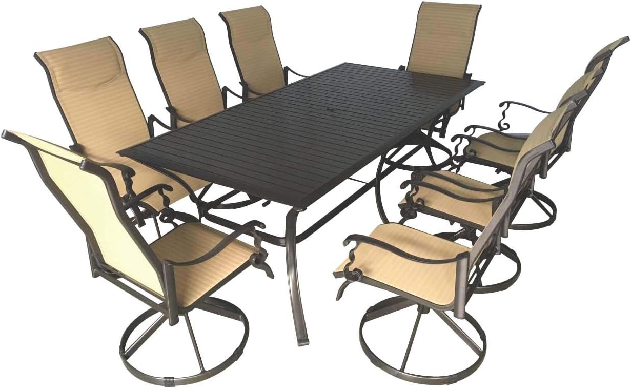 Pebble Lane Living All Weather Rust Proof Indoor/Outdoor 9-PC Cast Aluminum Patio Dining Set, 1 Slat Top Dining Table & 8 Swivel Rocking Dining Chairs with Padded Headrest, Brown/Cream