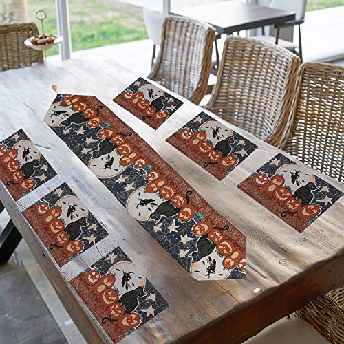 LOCOLO Halloween Table Runner with Tassels and 6 Pcs Place Mats, Washable Tablecloths Sets for Halloween Party, Dinner Parties and Home Decorations