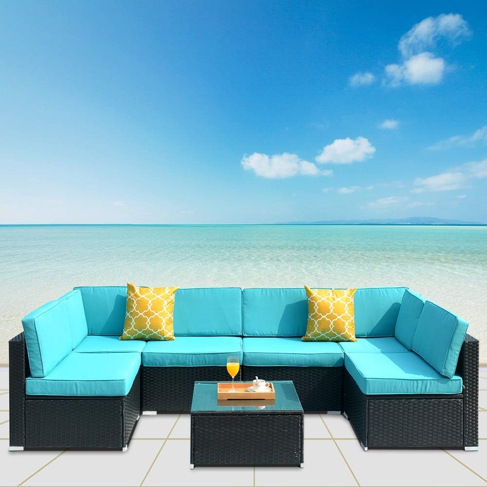 DKLGG 7 Pieces Patio Furniture, Outdoor Rattan Conversation Set, Blue : Garden & Outdoor