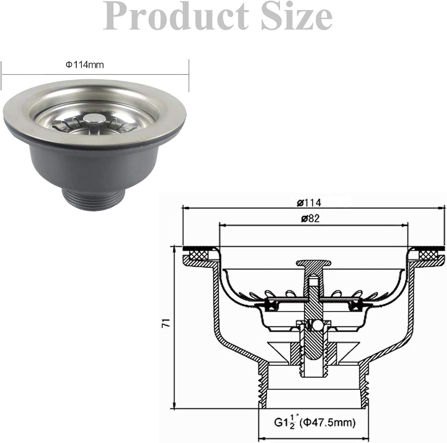 Sink Collection Stainless Steel Kitchen Sink Basket Strainer Plug Waste with Square Overflow 1½" (Medium) - Image 5
