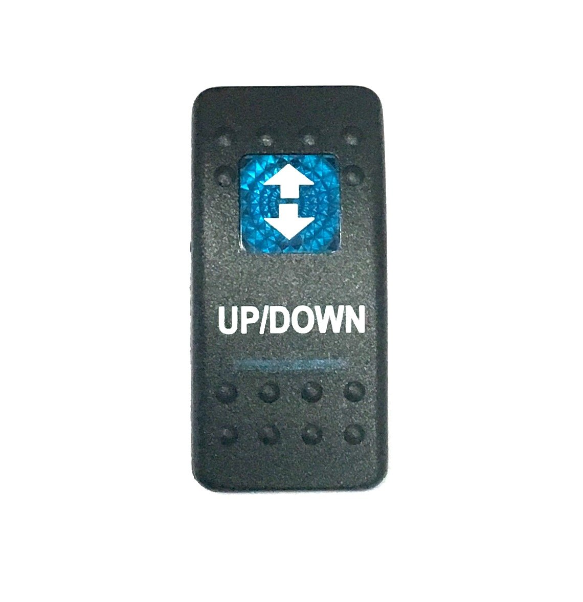 Euro Rocker Switch Cover with Text, Black with Blue Lens. Contura II, Fits Carling, Cole Hersee, Blue seas