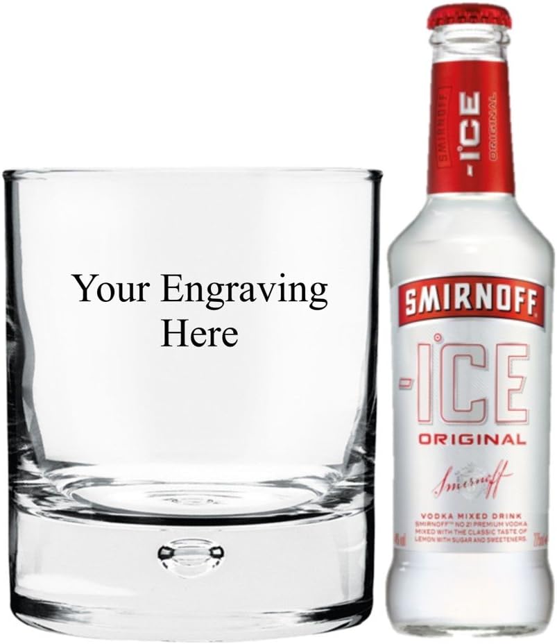 Personalised Engraved 11oz Heavy Bubble in base glass, with 275ml Bottle of Smirnoff Ice in Silk Lined Gift box
