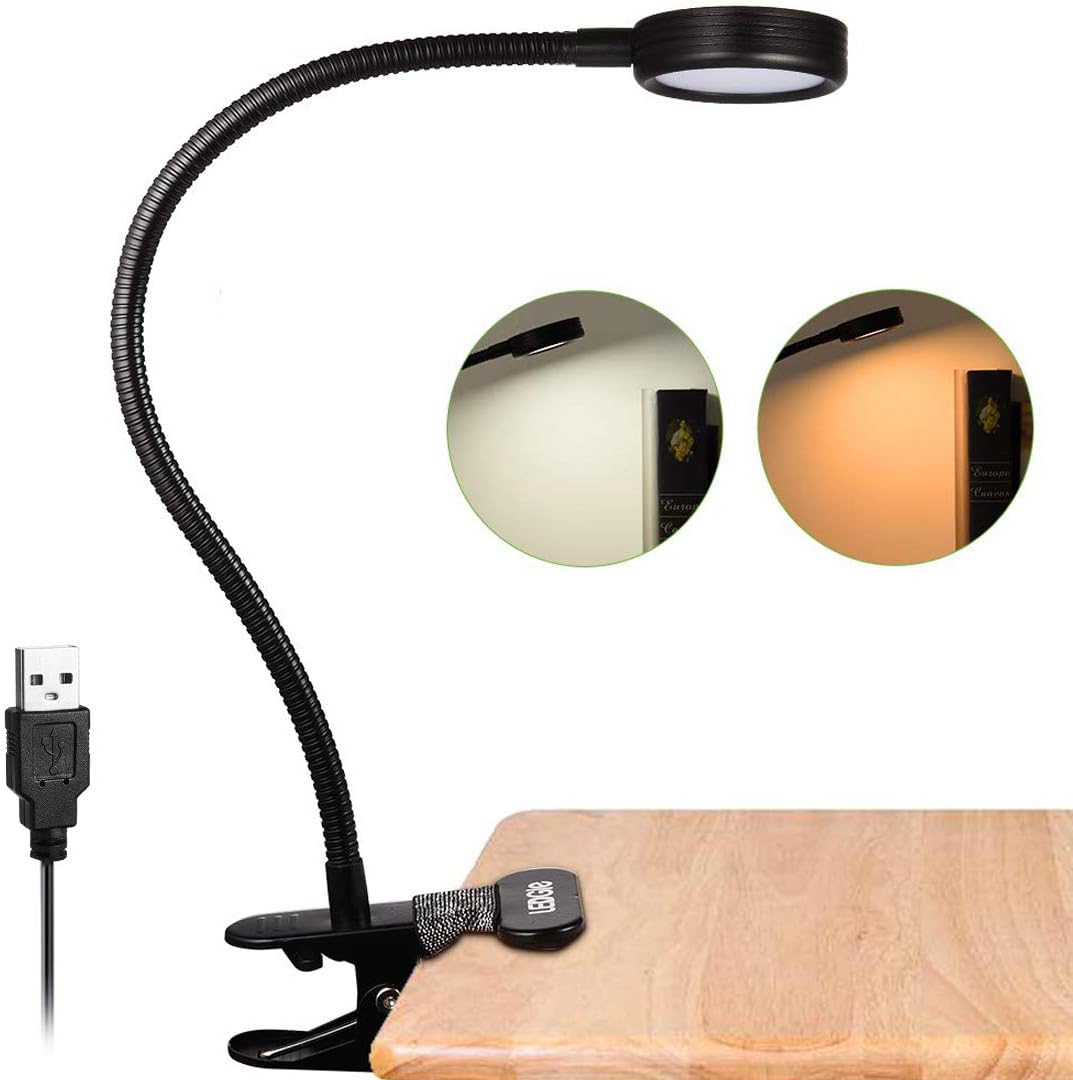 LEDGLE Mini Clip on Light Reading Light Dimmable Desk Lamp Book Light Eye-Friendly 2 Color Temperature Modes, 2 Brightness Levels, Anti-Slip Lamp Base, Flexible Hose