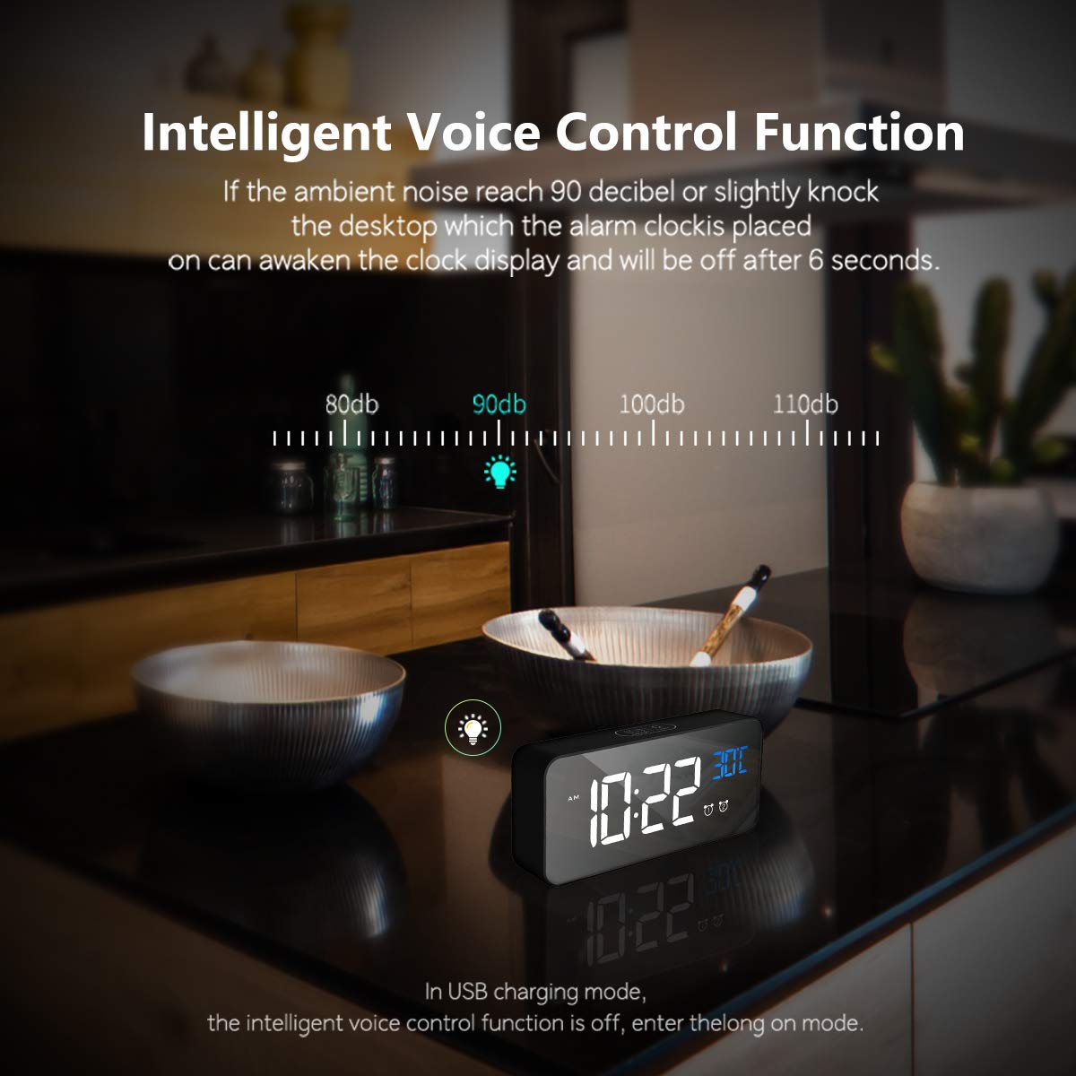 LATEC Sveglia Digitale con LED Temperatura Display Orologio con 13 Suoni di Allarme Porta di Ricarica USB Dimmer di Luminosità Regolabile a Sonnellino Allarme Specchio Portatile con Doppio Allarme