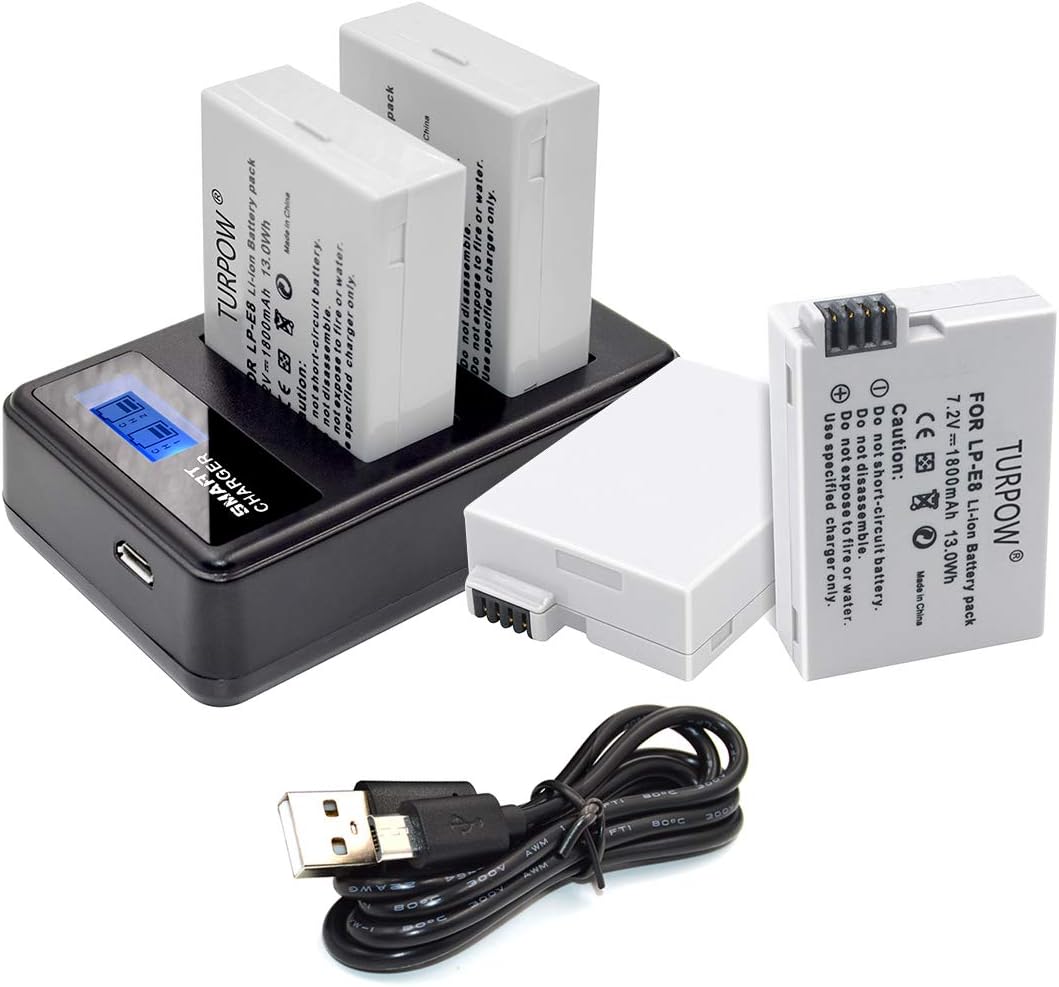 Turpow 4 Pack LP-E8 Battery Compatible with Canon Rebel T5i T4i T3i T2i Kiss X4 X5 X6 X6i X7i EOS 550D 600D 650D 700D DSLR Digital Camera with Charger for Canon LP-E8 Replacement of LC-E8E