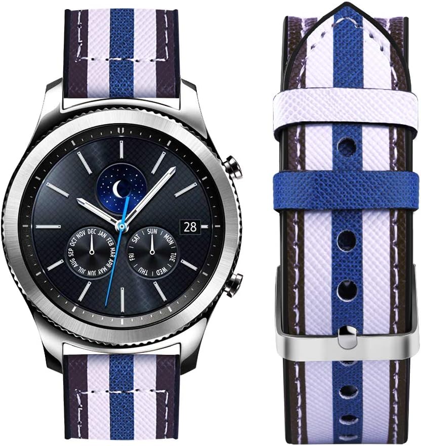 Dsytom Compatible with Gear S3 Frontier Band and Galaxy Watch 46mm Bands Men/Women,22mm Leather Covered Silicone Sweatproof Sport Strap for Samsung Gear S3 Classic(Blue White Stripe)