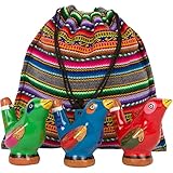 Beautiful Chirping Ceramic Ocarina Whistle Bird - Clay Fired and Hand-Painted in Peru 3-Pack Variety Colors - with Souvenir Carrying Bag