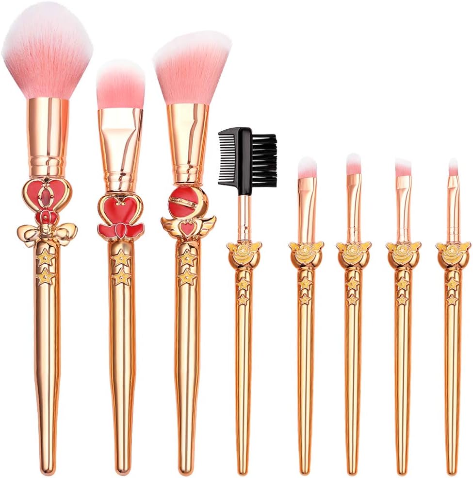 YINUO Sailor Moon Card Sakura Game of Thrones Hello Kitty Pokemon Makeup Brush,Foundation Blending Powder Eyeshadow Blush Cosmetic Makeup Brush Set Pack of 8 (Waist Sailor Moon- Rose Gold)