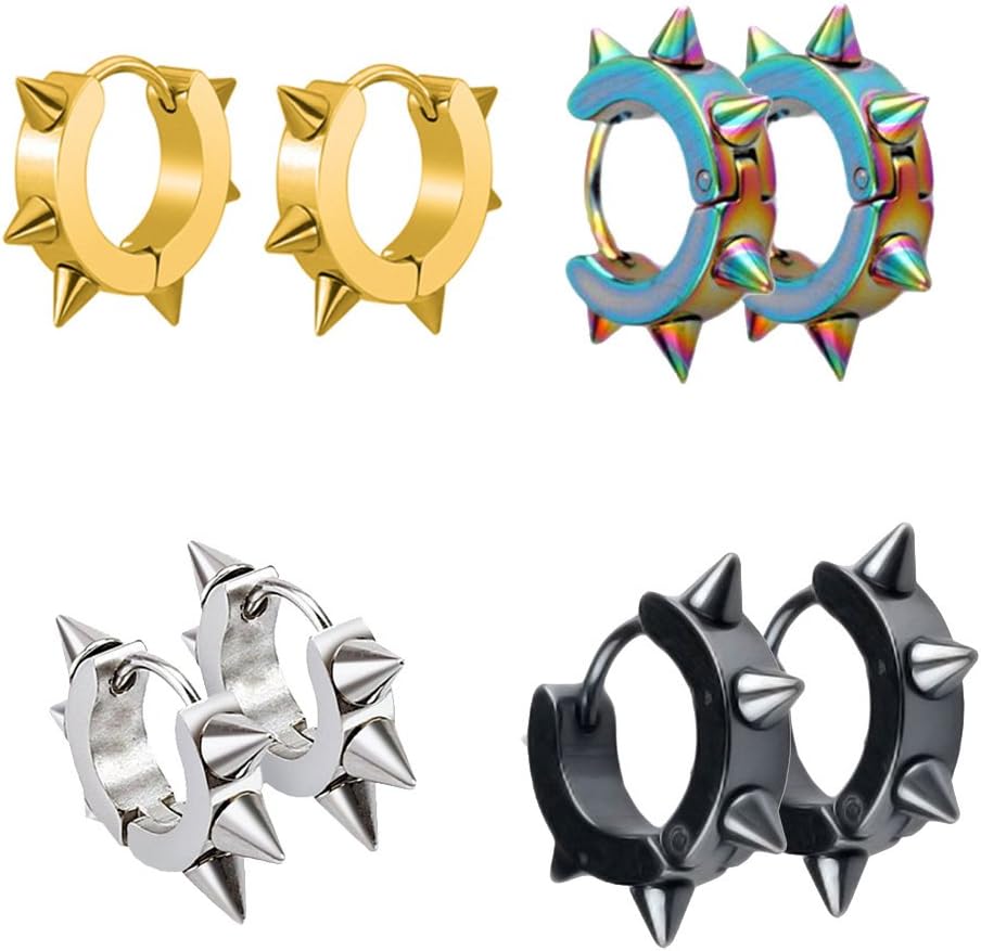 Punk Hip Hop Unisex Stainless Steel Punk Spiky Round Awl Taper Huggie Hoop Earrings