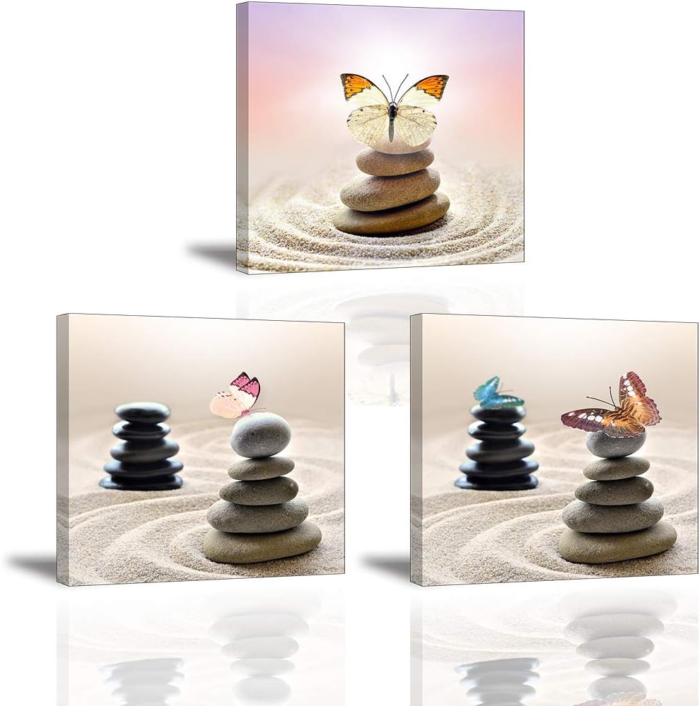 Butterfly Wall Art for Bedroom Hallway, SZ Beautiful Stones and Sand Picture Decor, Zen Meditation Canvas Prints, Bracket Mounted Ready to Hang, 1" Deep, Waterproof Artwork