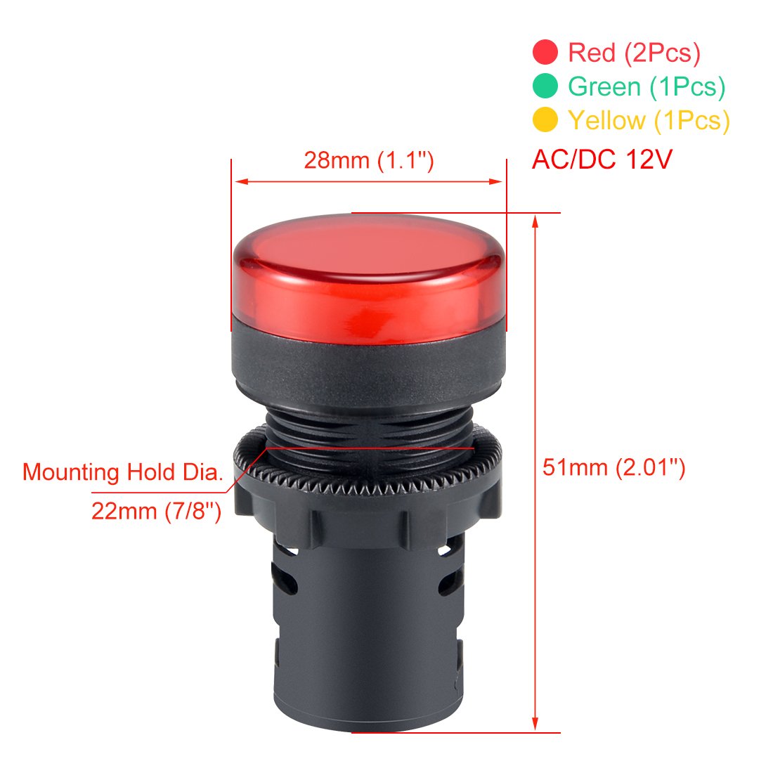 sourcing map 4Pcs Red Green Yellow Indicator Light AC/DC 12V, 22mm Panel Mount, for Electrical Control Panel HVAC, DIY Projects - Image 3