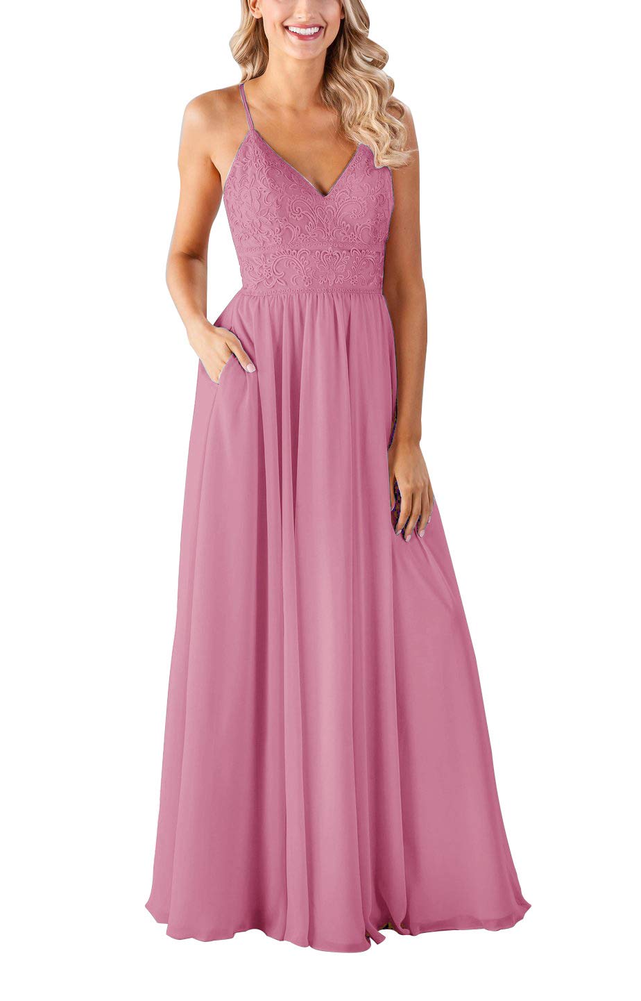 MEET Spaghetti V Neck Chiffon Bridesmaid Dresses with Pockets ALine