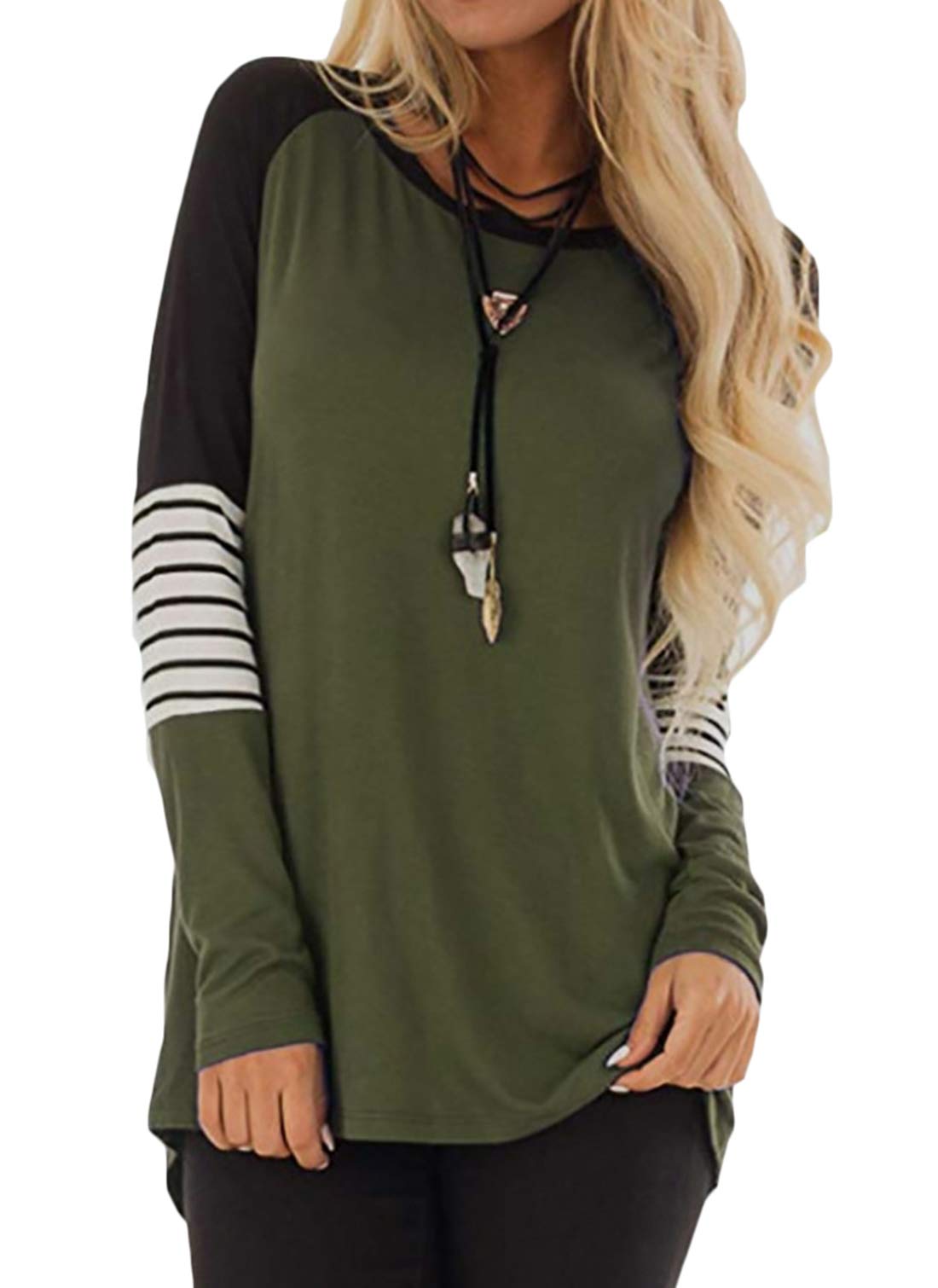AMCLOS Womens Tops Striped Color Block Tee Shirts Casual Blouses Long Sleeve Pullover Lightweight Tunic (L, Green)