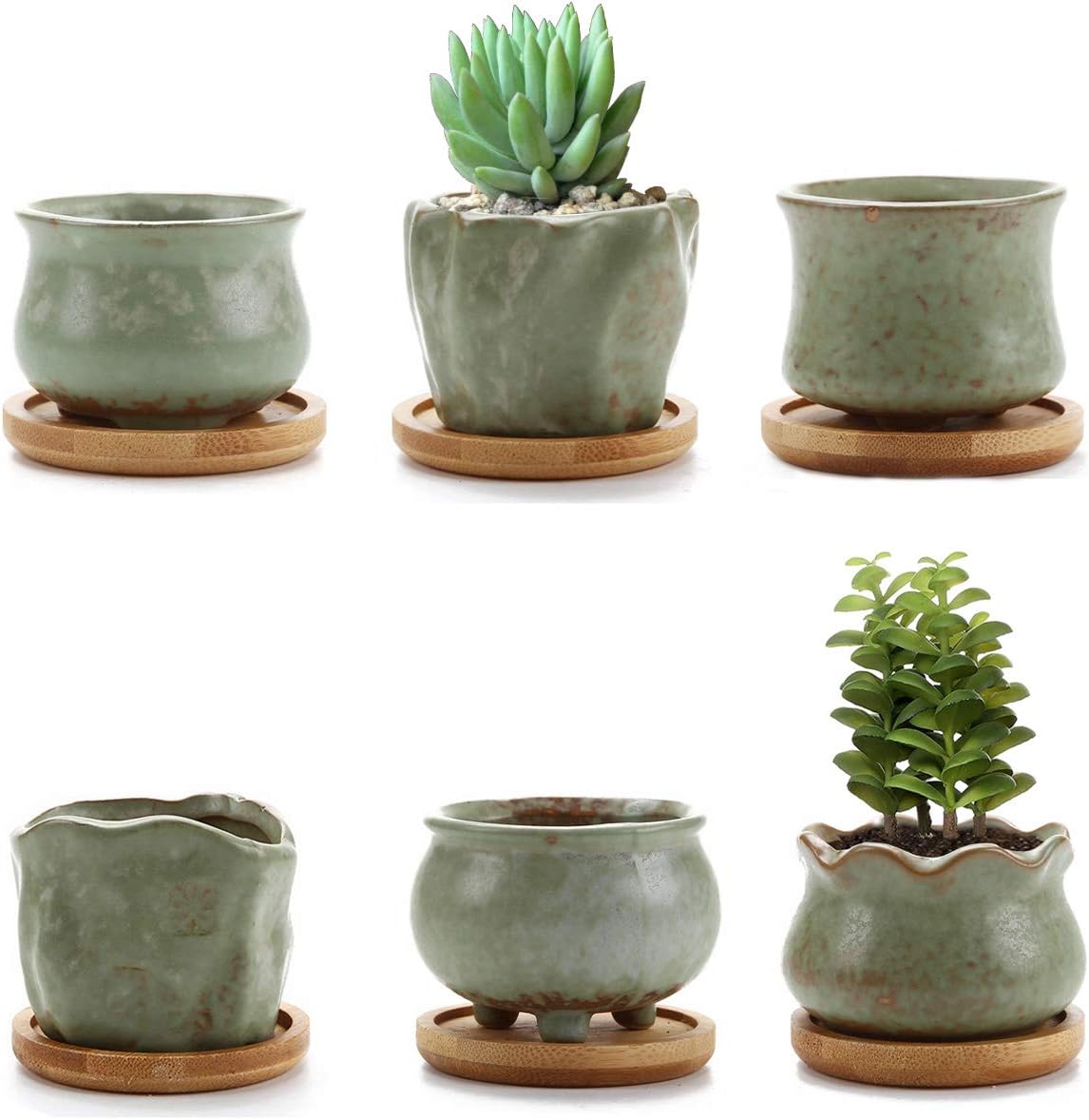 Goldblue Ceramic Succulent Cactus Plant Pots/Succulent Pots/Flowing Glaze Green Base Ceramic Succulent Plant Pots/Planters Containers 1 Pack of 6