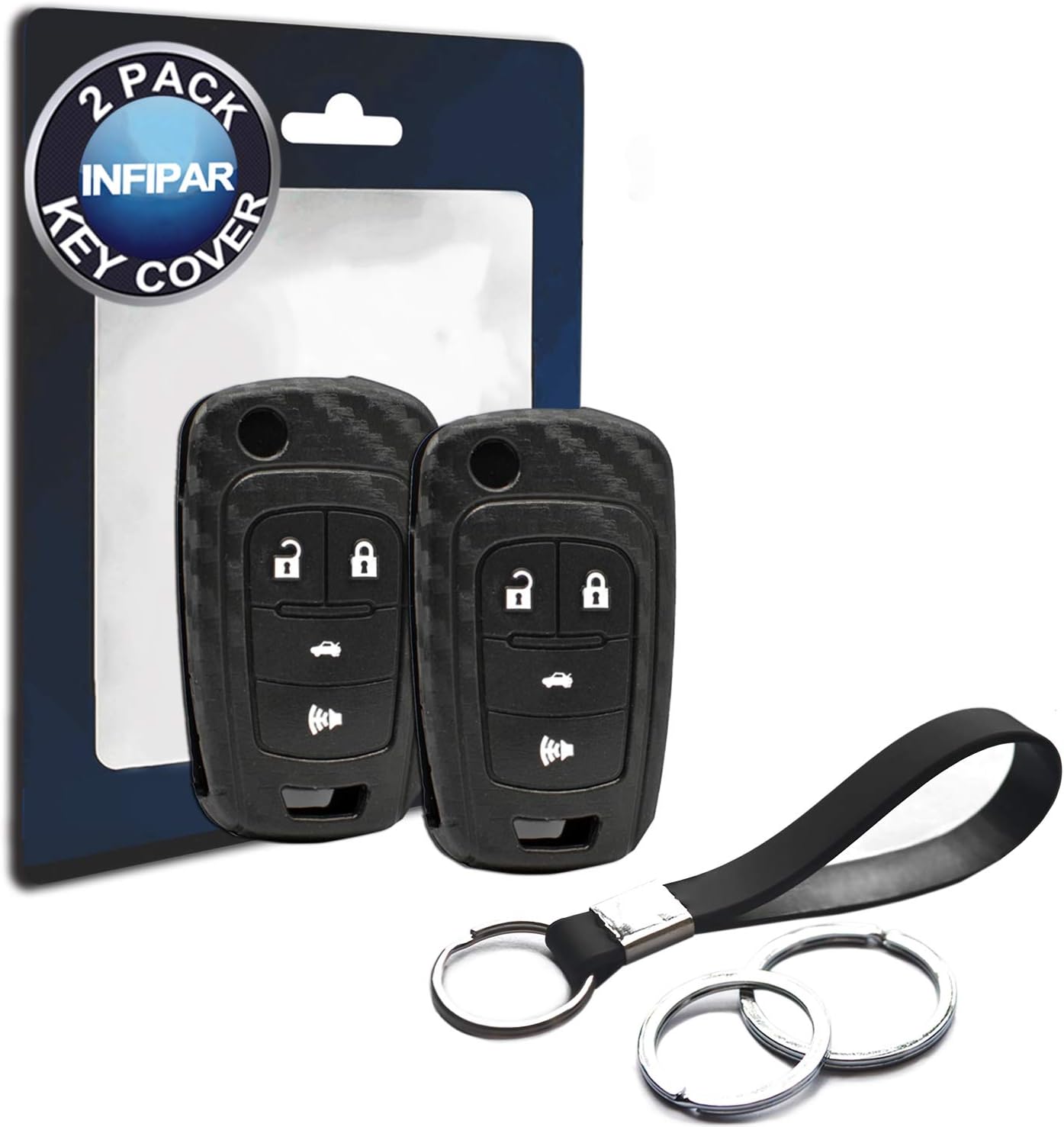 2pcs Compatible with Flip Carbon Fiber Looks Silicone FOB Key Case Cover Remote Holder for 2010-2019 Chevrolet Equinox Impala Camaro Cruze Malibu Limited, Buick Lacrosse Regal Verano GMC Terrain