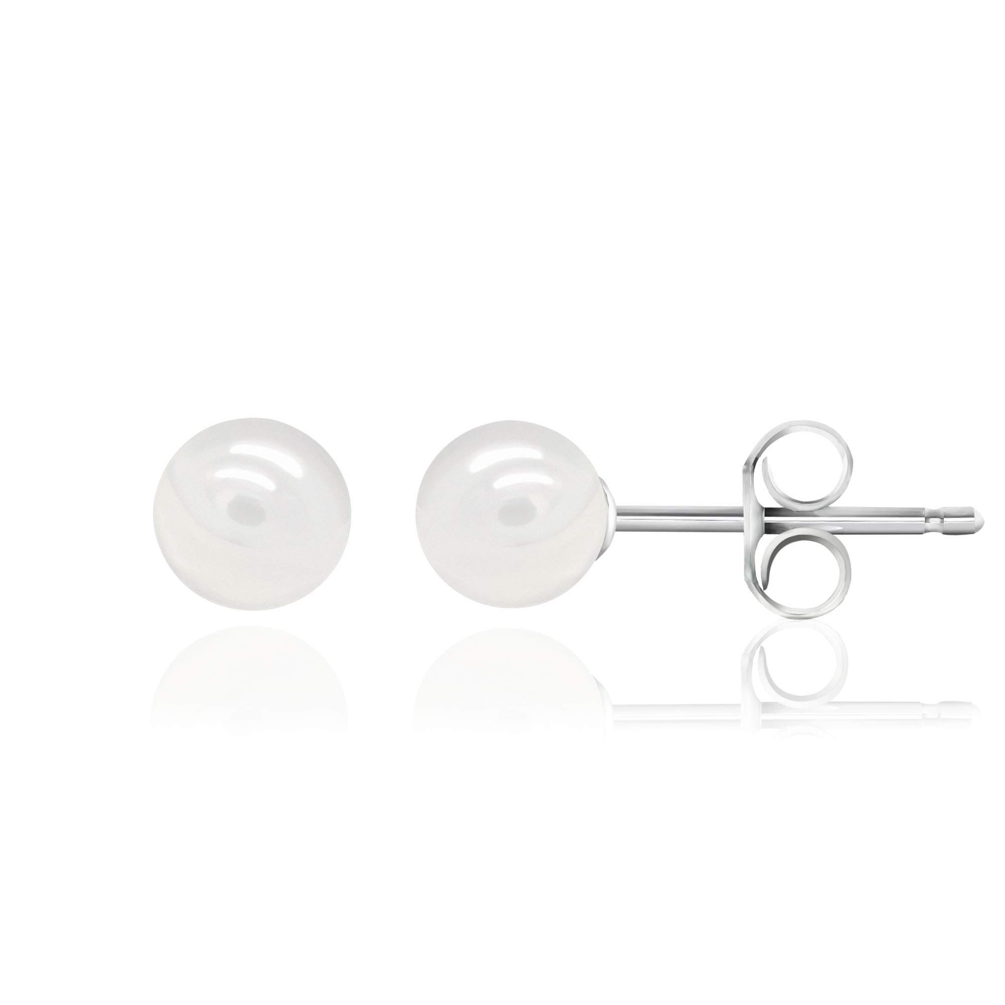 White Smooth Round Shell Base Imitation Pearl Rhodium Plated 925 Sterling Silver Stud Earrings, 6mm