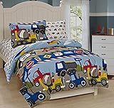 Mk Collection Full Size Trucks Tractors Cars Kids/boys 7 Pc Comforter and Sheet Set Blue Red Yellow New (Full, Trucks)