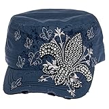 Crystal Case Womens Cotton Rhinestone Fleur de Lis Cadet Cap Hat
