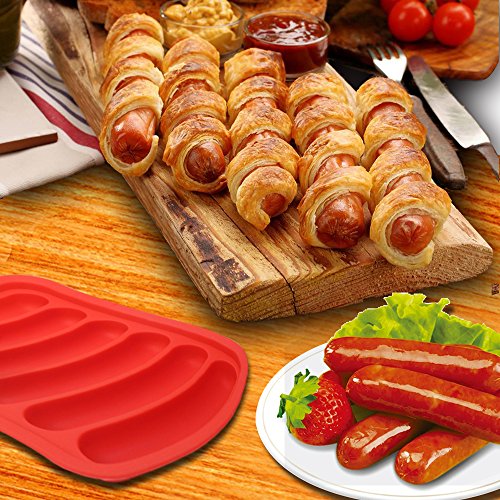 6 Cavities Sausage Hot Dogs Silicone Mold DIY Handmade Hamburger Pan, DanziX Molds for Ice Cube Tray Bread Candy Jelly Chocolate and Cake - Red
