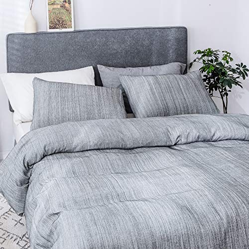 Smoofy Bedding Duvet Cover Set 3 Piece Set, Ultra Soft Brushed Microfiber Feel Like Linen, Grey, Queen - Thumbnail 4