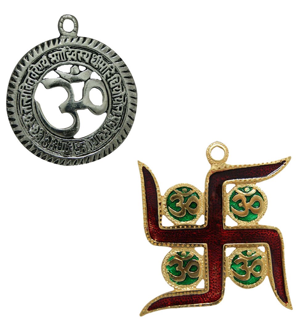 Divya Mantra Sri Aum Gayatri & Vastu Swastik Om Hindu Auspicious Symbol Gift Amulet Decor Good Luck, Money Charm Protection Interior Wall Hanging Living Room/Home Decoration Showpiece Set