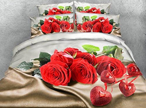 Luxurious Silk Rose 3D Printed Fabric Cotton Bedding Sets Twin Full Queen King Size Duvet Cover Pillowcases (Cal King)