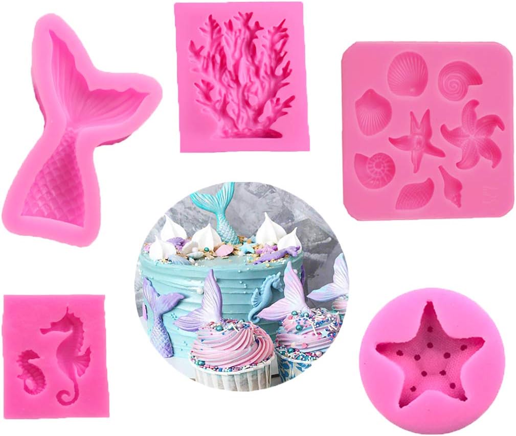 Seashell Silicone Fondant Mold Mermaid Tail Mold Seahorse Chocolate Mold Starfish Candy Mold Coral Shaped Mold for Sea Beach Theme Wedding Birthday Party Cake Decoration Cupcake Topper(Set of 5)