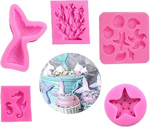 Seashell Silicone Fondant Mold Mermaid Tail Mold Seahorse Chocolate Mold Starfish Candy Mold Coral Shaped Mold for Sea Beach Theme Wedding Birthday Party Cake Decoration Cupcake Topper(Set of 5)