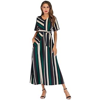 CUTUDE Damen Kleider Röcke Kurzarm Sommerkleider Frauen Gestreiftes V-Ausschnitt Gürtel Lässig Lose Kleid