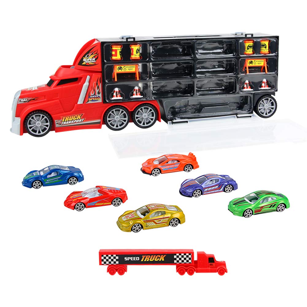 Nuheby Transporter Truck Carrycase for Cars Playset Detachable Carrier Truck Toy Cars Including 17 Mini Mental Die Cast Cars and Accessories- Car Transporter Toy for Boys & Girls 3 4 5 Years Old