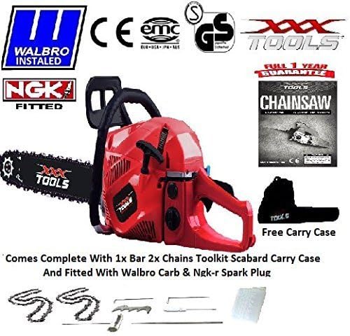 NEW 2016 62CC PETROL CHAINSAW 20 BAR 2 CHAINS WALBRO CARB NGK CARRY CASE TOOL KIT by xxx powertools