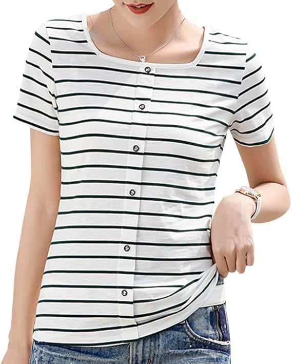Amazon Kukaki クカキ Tシャツ レディーズ 半袖 細身 女性用 かわいい 夏服 トップス スリム ボーダー スクエアネック 綿 ティーシャツ Tシャツ カットソー 通販