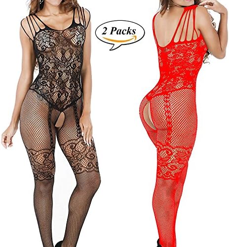 Jesries 2 Pack Women Sexy Lingerie Fishnet Floral Crotchless Bodystockings Babydoll Bodysuits Sleepwear Nightwear