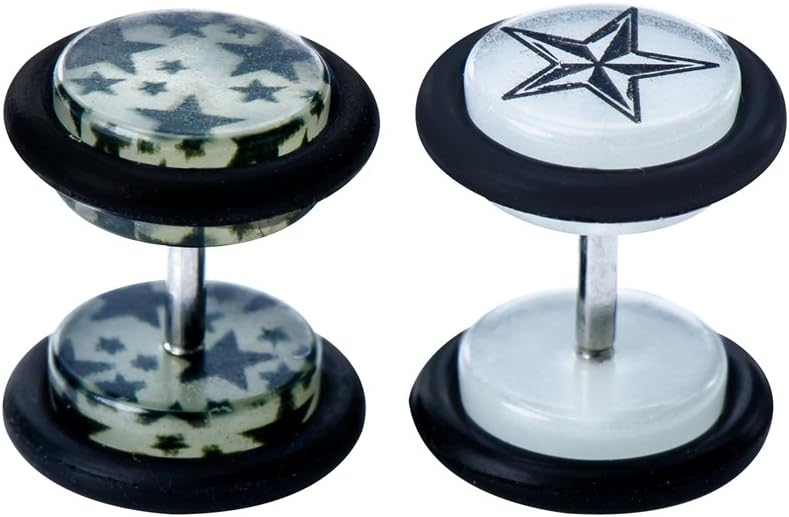 Holy Plug Piercing Value Pack 2PC 16g Stainless Steel Acrylic Glow In Dark & Hotpring Stars Fake Tunnel Plug Ear Studs