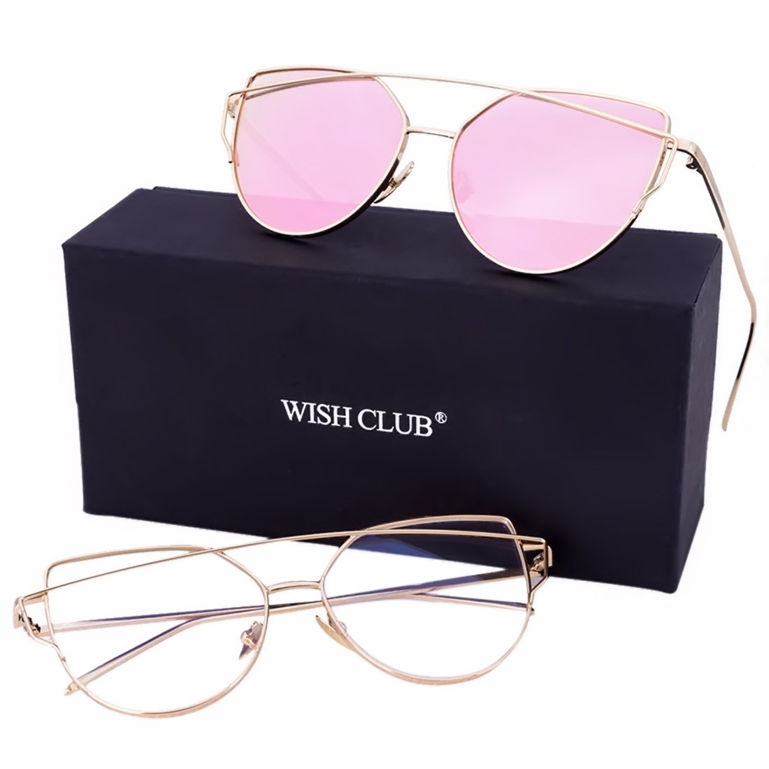 WISH CLUB Women Cat Eye Polarized Sunglasses Mirrored Reflective Flat Wide Lenses Metal Frame UV 400 Glasses (pink2)