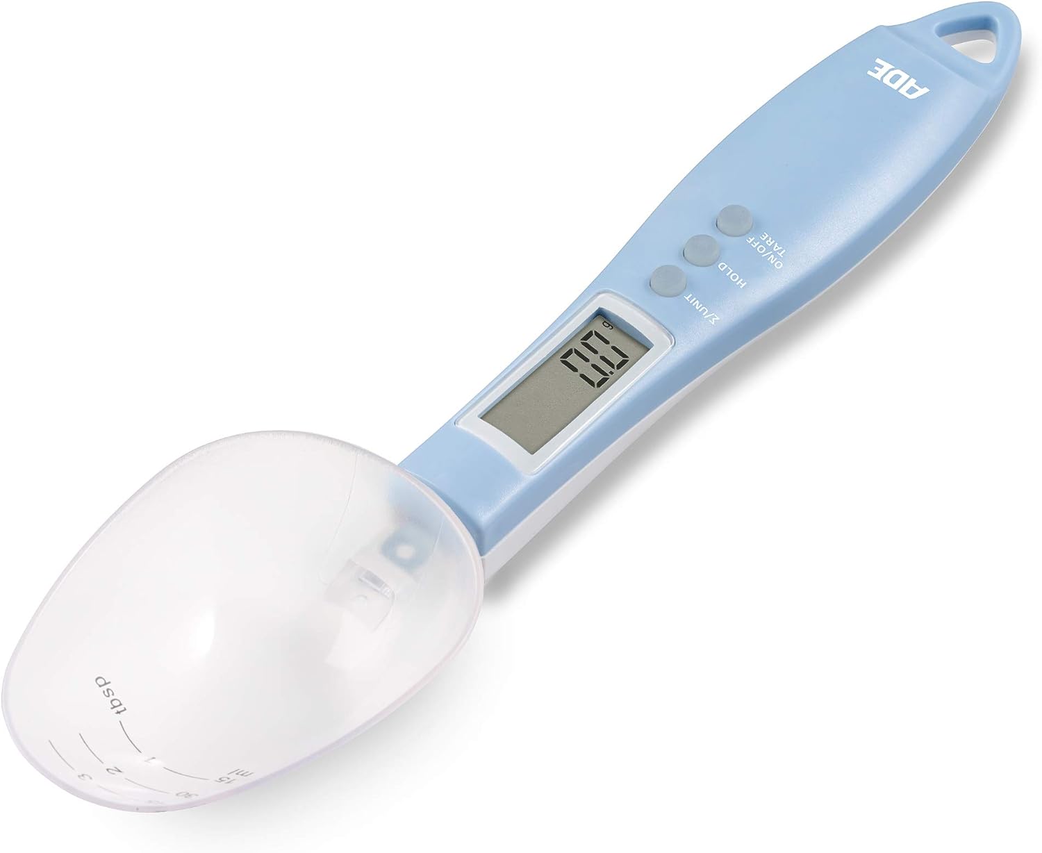 ADE Digitale Löffelwaage KE 1808-1 Eni (Messlöffel zum präzisen Wiegen und Dosieren auf 0,1 Gramm genau, auch für Flüssigkeiten, mit LCD Display) blau