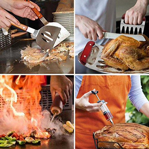 POLIGO 9-piece Complete Grade Grill Griddle Accessories BBQ Tools Set - Spatulas, Meat Claws, Condiment Bottles, Meat Injector and a Convenient Design Belt Bag for Storage - Great for Outdoor Cooking