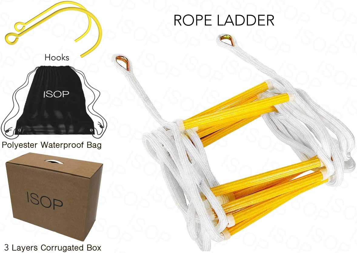 ISOP Fire Escape Rope Ladder 4.1m with Snap Hooks and Window Hooks | 2 Story Houses | Safety Rope Ladder for Windows on The Second Floor: Kitchen & Dining