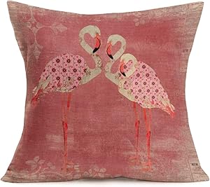Smilyard Flamingos Pattern Pillow Covers Sweet Family Throw Pillowcase Vintage Pink Cotton Linen Decorative Cushion Covers Square Outdoor Indoor Couch Bedroom 18x18 Inch (Pink Bird 02)