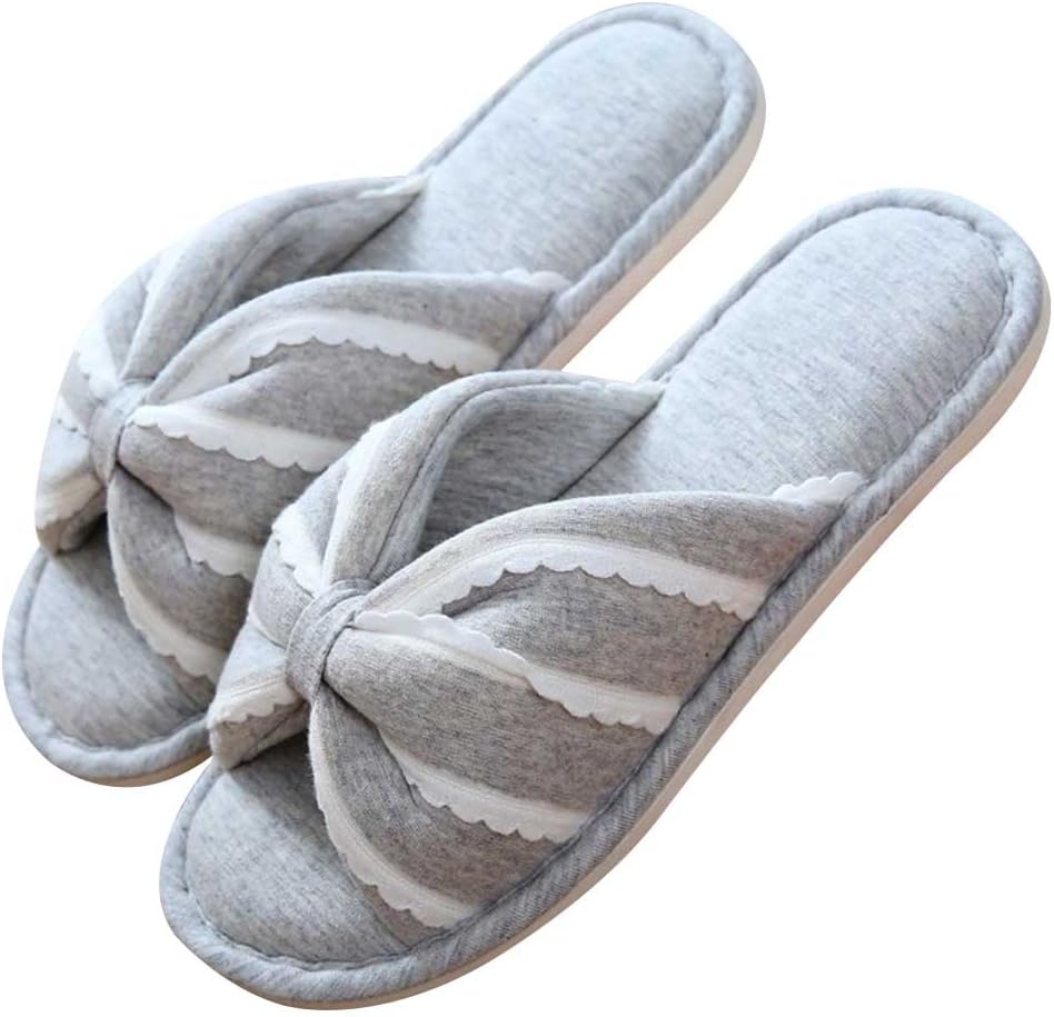 Women Indoor Cotton Slippers Open Toe Memory Foam Non-Slip Home Shoes Cute Breathable Striped House Slippers