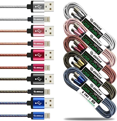 Charging Cable for iPhone, [5-Pack 10ft] Nylon Braided USB Cable for iPhone 7 / 7 Plus / 6s / 6s Plus / 6 / 6 Plus, iPad Pro Air 2 and More (Mix Color 5-Pack)