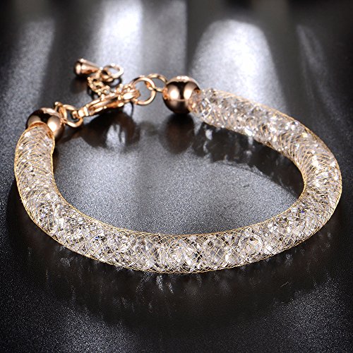 Mytys Rose Gold Mesh Bracelet Clear CZ Crystal Charm Link Bangle Bracelet for Women Girl Christmas Day Gifts 7.5''+2''