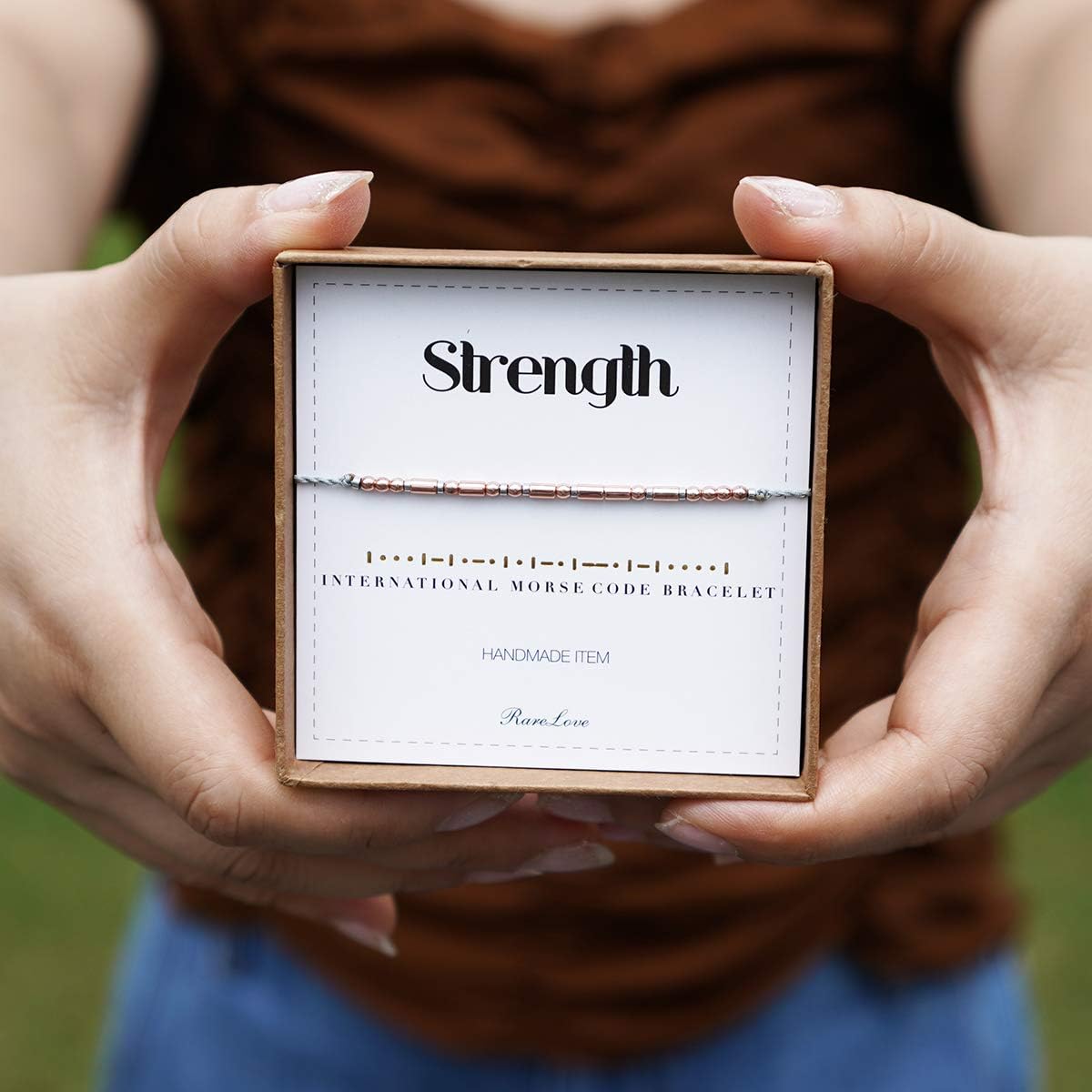 RareLove Strength Morse Code Bracelets Be Strong Inspirational Encouragement Friendship Gift For Women Girls Rose Golden Beads Grey String Bracelet: Clothing