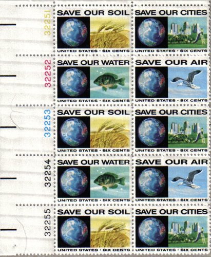 ANTI-POLLUTION ~ AIR, WATER, SOIL, CITIES ~ ENVIRONMENT #1413a Plate Block of 10 x 6 cents US Postage Stamps